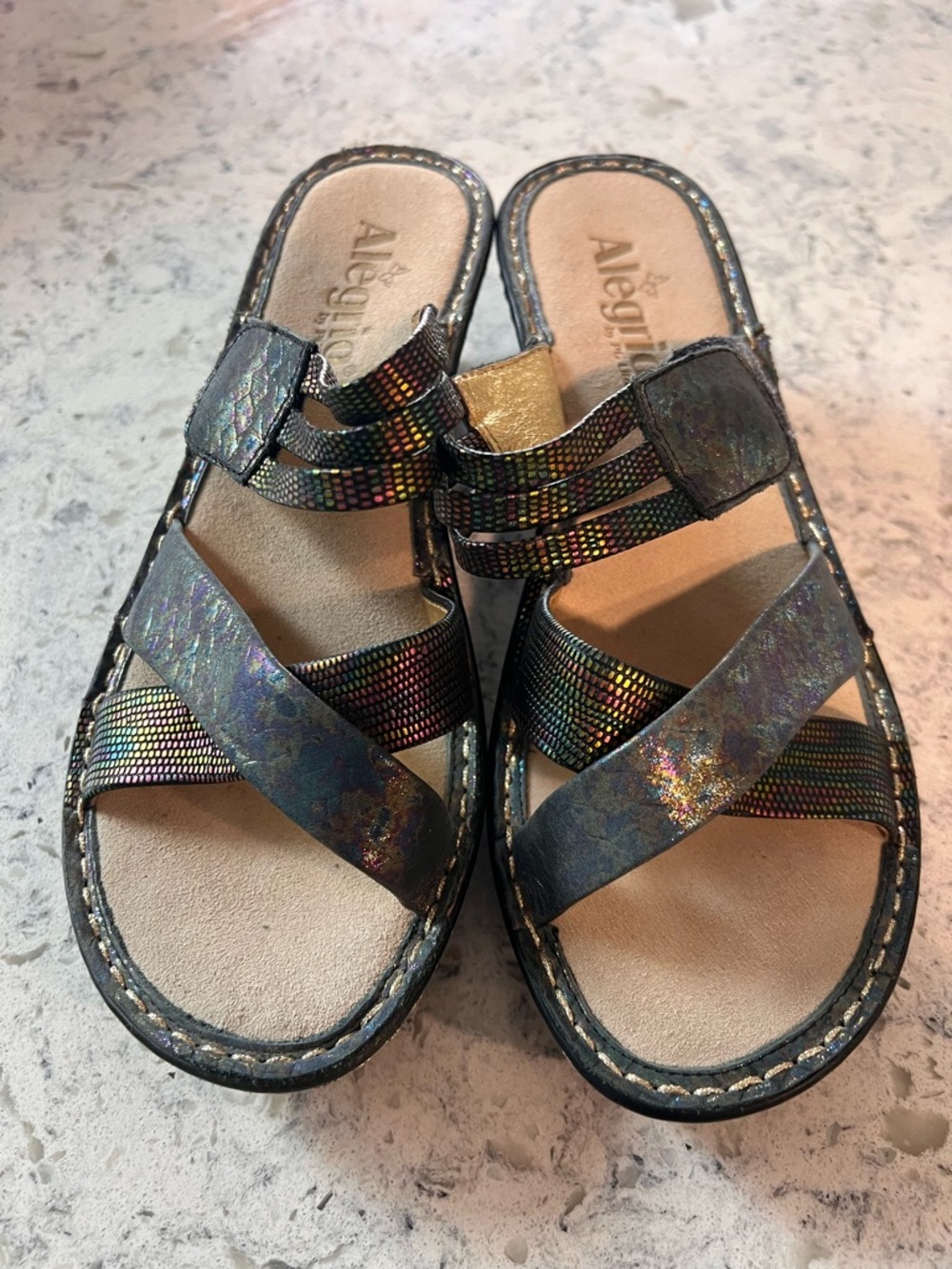 Alegria Iridescent Black Multi-Color Slide Sandals